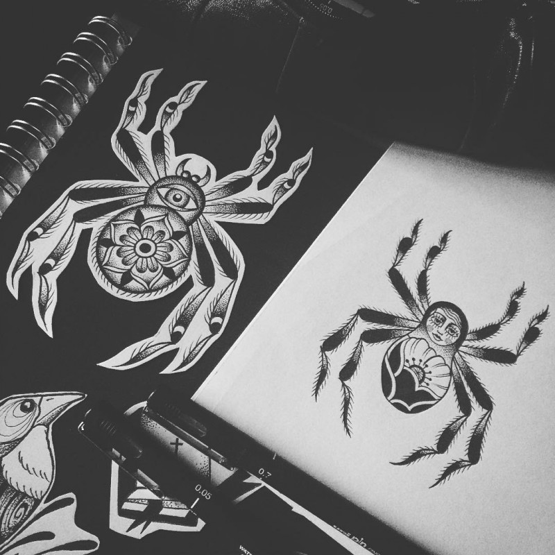 Great dotwork spiders with mandala and matrioshka patterns tattoo design