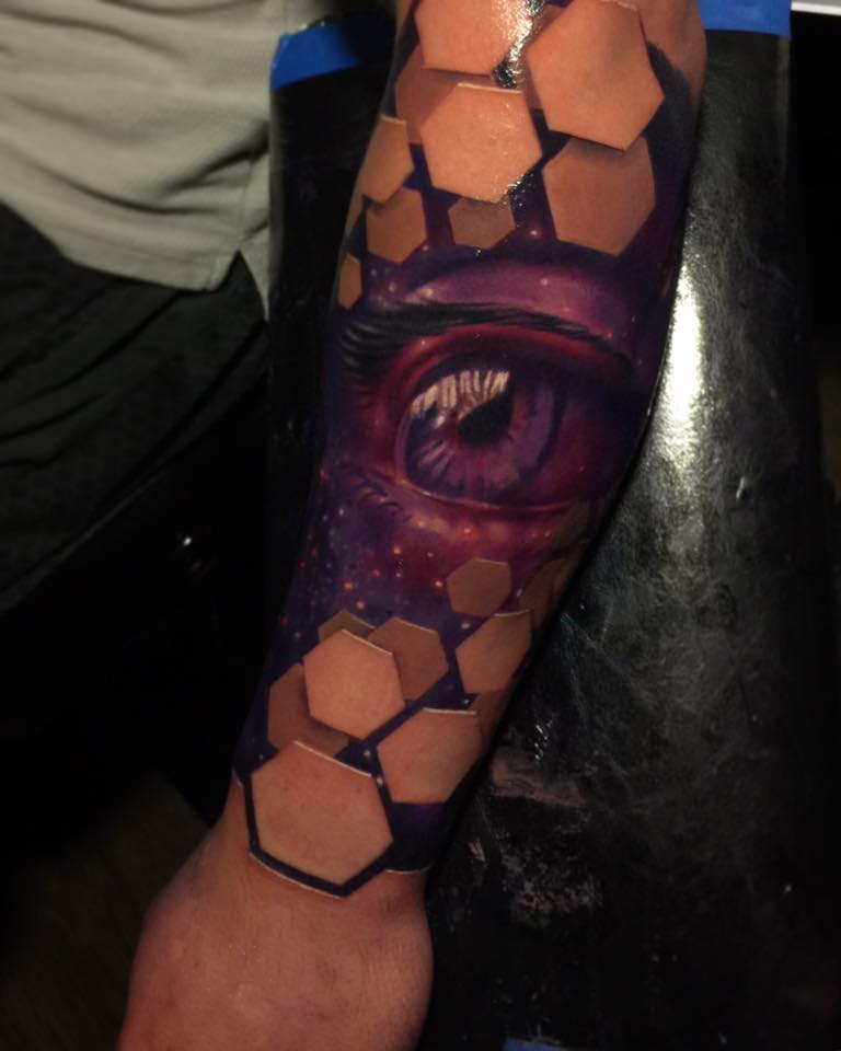 Great eye tattoo on forearm with 3d elements
