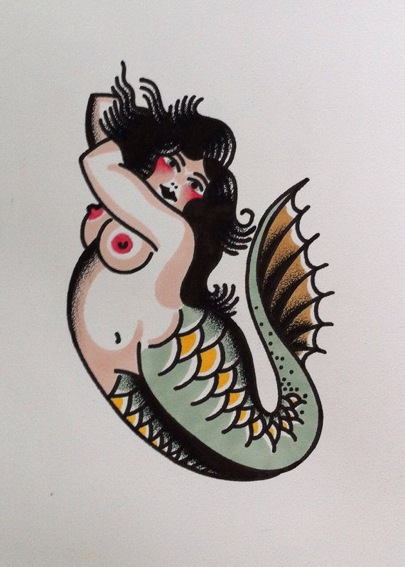 Great fat old school mermaid tattoo design