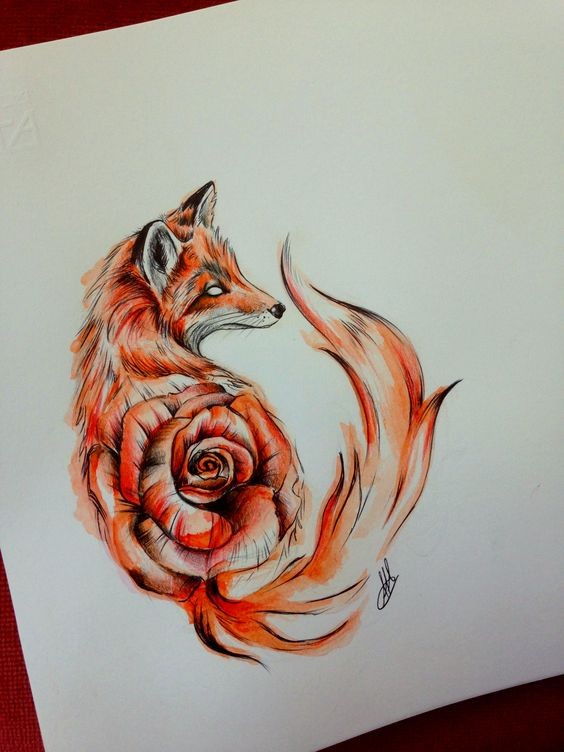 Great fox with rose pring on body tattoo design