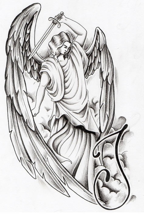Grande anjo de tinta cinza com uma espada curta e um belo desenho de tatuagem de carta