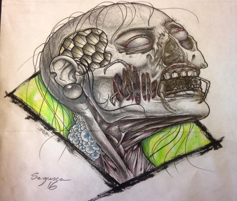 Great grey-ink zombie head in green frame tattoo design