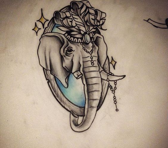 Great grey circus elephant loocking from the mirror with stars tattoo design