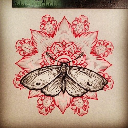 Great grey dotwork butterfly sitting on red mandala flower tattoo design