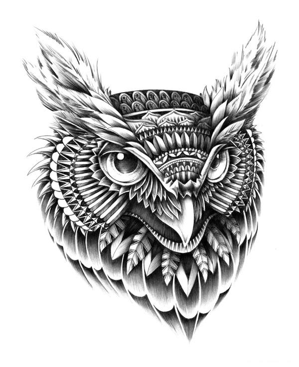 Great horned patterned owl tattoo design