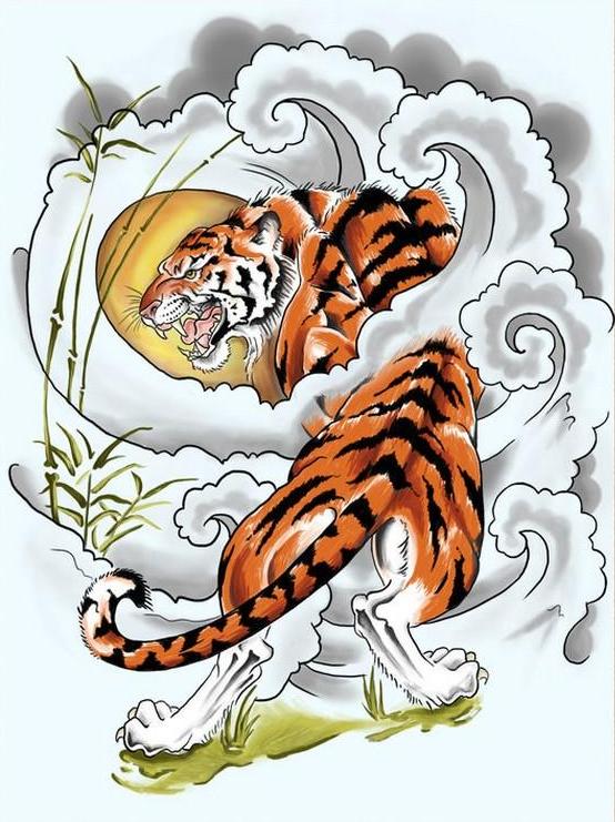Great japanese-style tiger in grey smoke tattoo design