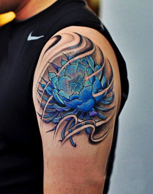Great large blue flower tattoo for men on shoulder