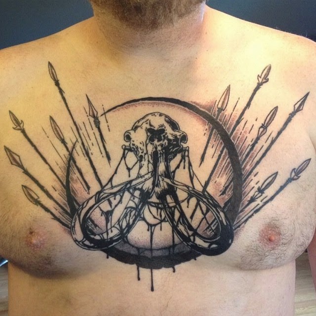 Great mammoth skull with arrows tattoo for guys on chest