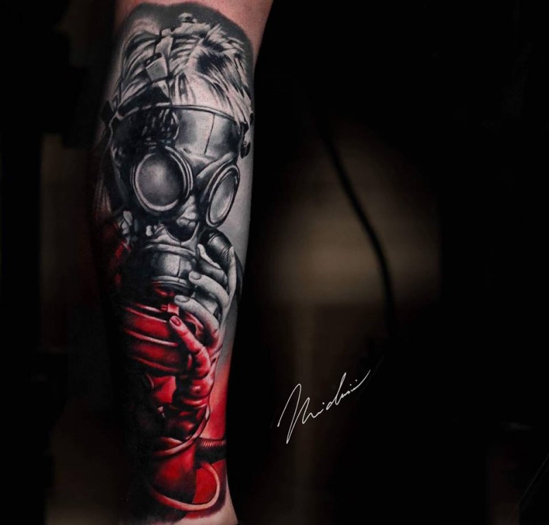 Great man in gas mask tattoo