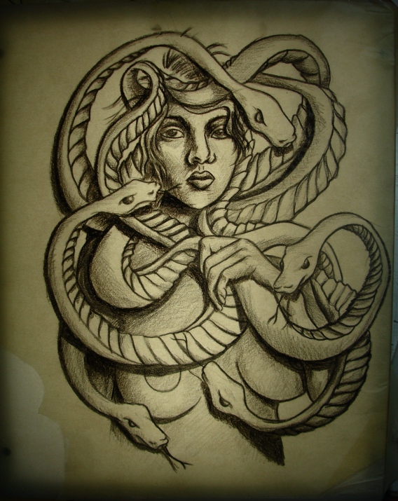 Great medusa gorgona curled with her own snakes tattoo design