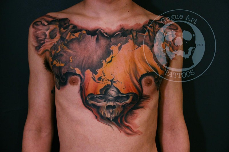 Great mystical skull tattoo on chest for men