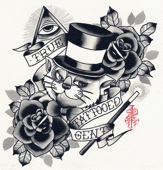 Great new school gentleman cat with illuminati and roses tattoo design