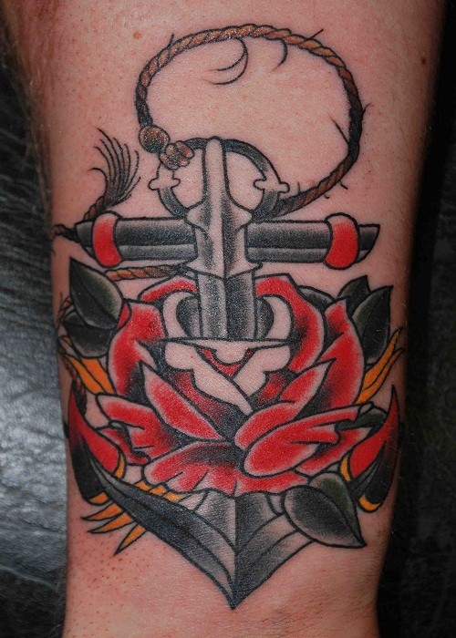 Großartiger Oldschool Anker-Schwert stecht Rose aus alte Schule Tattoo am Schienbein
