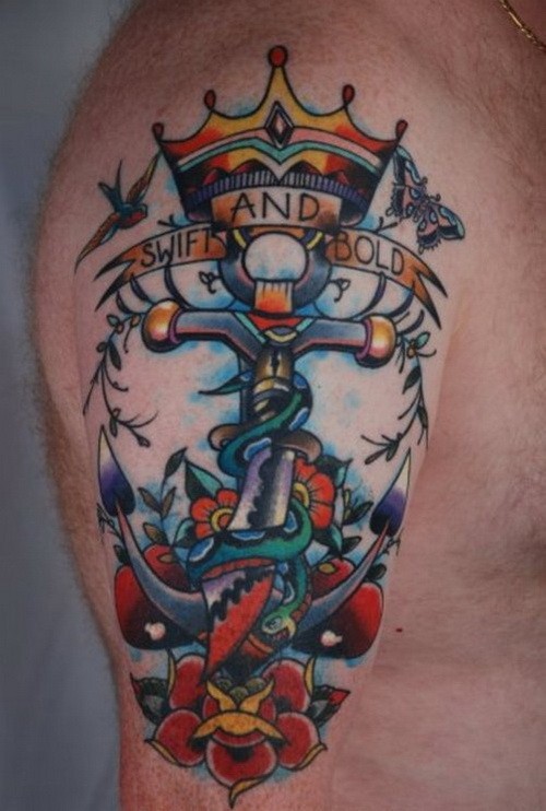 Great old school lettered anchor with roses and crown tattoo on shoulder
