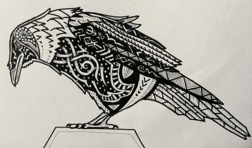 Great ornamented sitting raven tattoo design by Skankythor