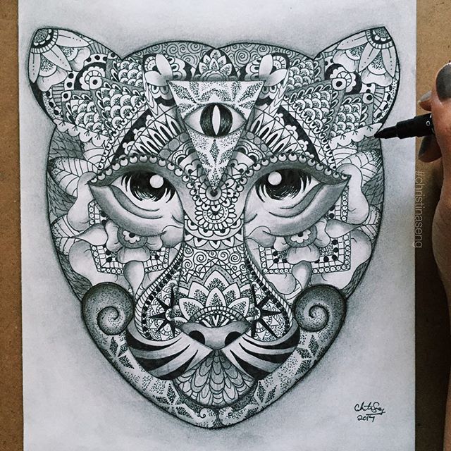Great ornate tiger head with illuminati tattoo design