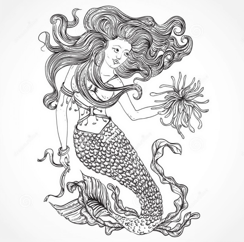 Great outline mermaid with weed flowers tattoo design
