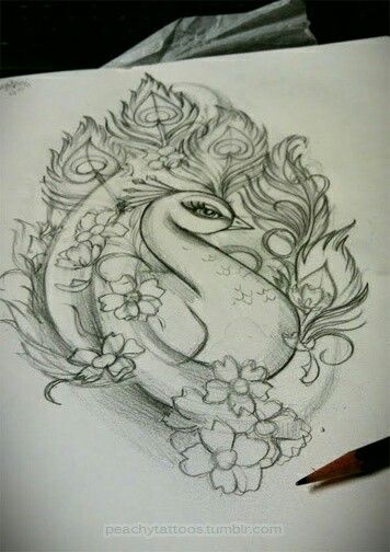 Great pencil-drawn peacock in cherry blossom tattoo design