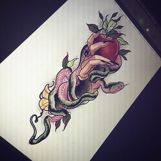 Great pink-belly snake entwinding human hand with red apple tattoo design