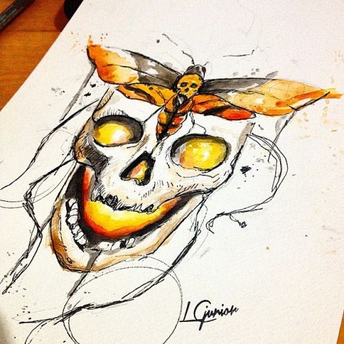 Great skull and moth in orange colors tattoo design