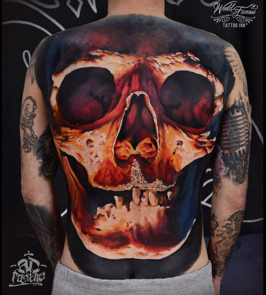 Great skull tattoo on full back by A.D. Pancho