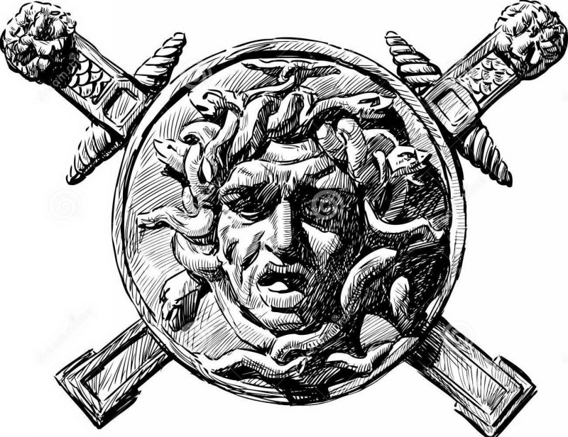 Great stoned medusa gorgona emblem with crossed swords tattoo design