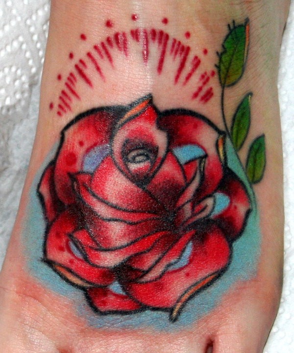 Great traditional red rose flower tattoo for girls on foot