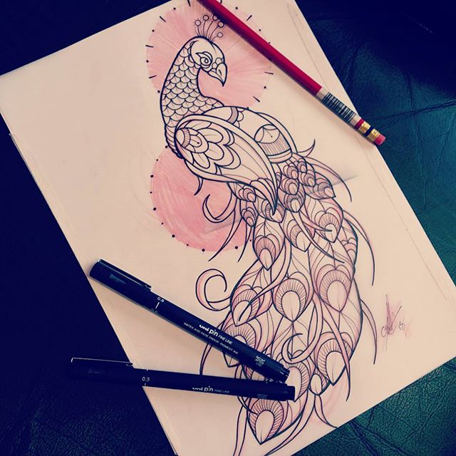 Great uncolored peacock on red circles background tattoo design
