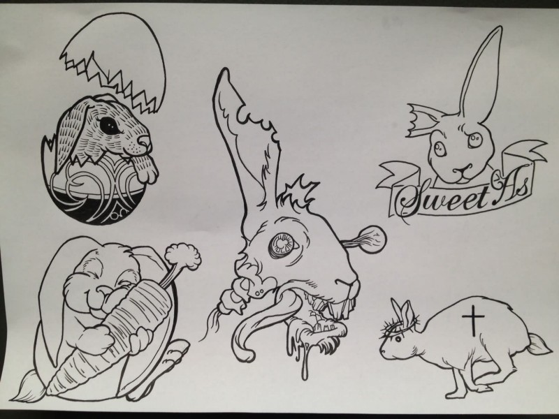 Great uncolored rabbit tattoo design collection