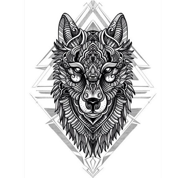 Great uncolored wolf head with the third eye on geometric pattern tattoo design