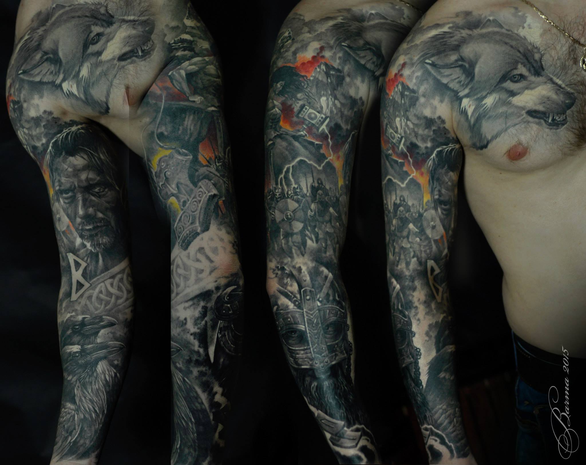 Great viking theme full sleeve tattoo with Thor, wolf and ravens