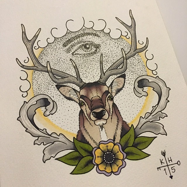 Great vivid-color deer with flower on dotwork background tattoo design