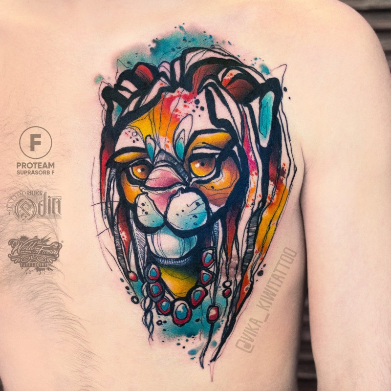Grande tatuagem de watercollor de leão