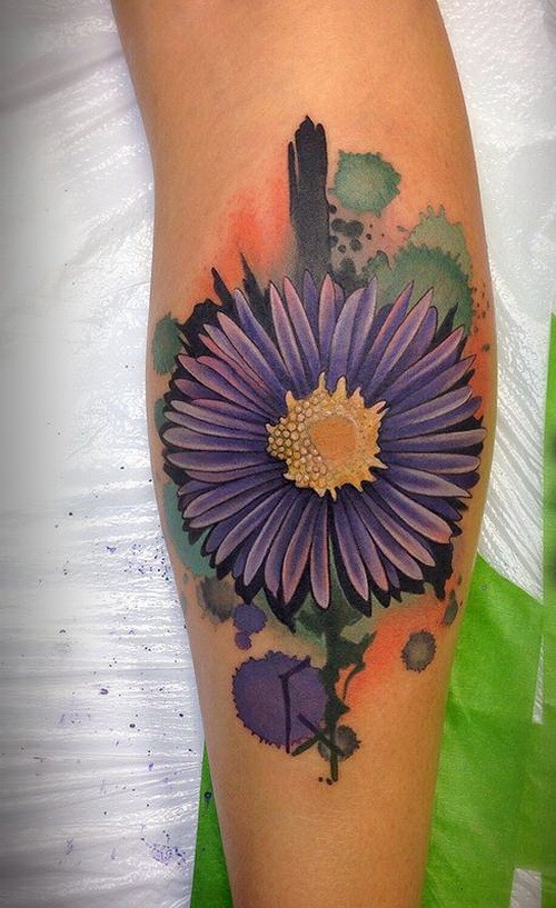 Great watercolor aster flower tattoo on arm
