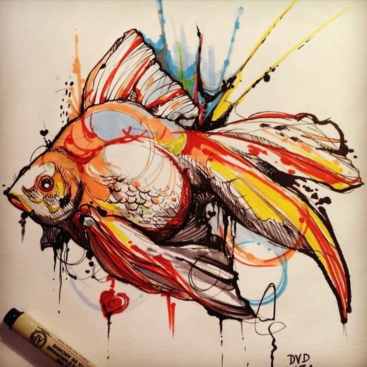 Great watercolor fish with splashes tattoo design