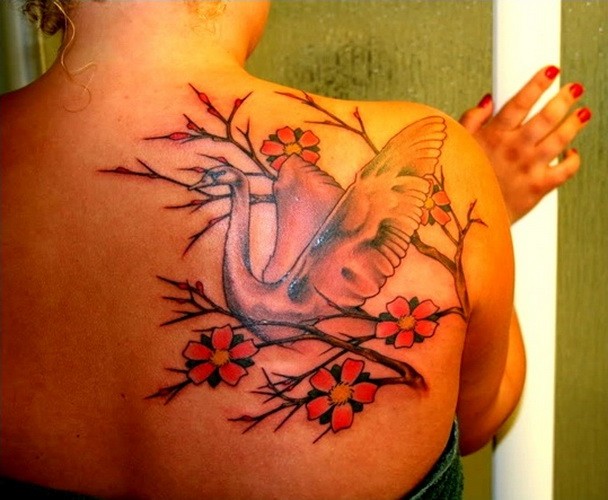 Great white swan and pink flowers tattoo for girls on upper back