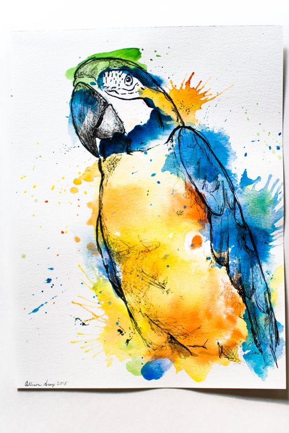 Great yellow-and-blue watercolor arra parrot tattoo design