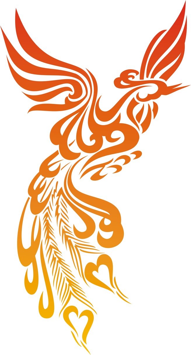 Great yellow-and-orange rising phoenix silhouette tattoo design