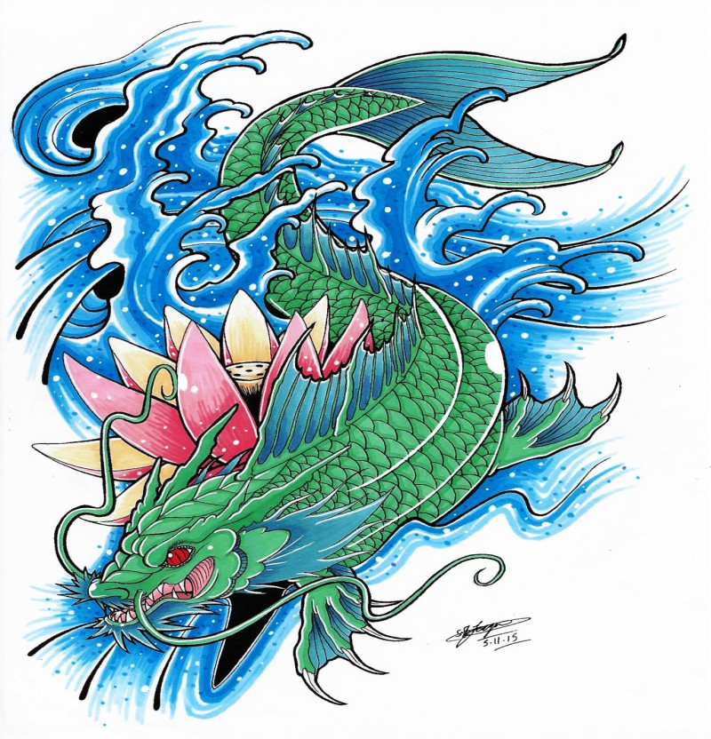 Green-and-blue koi fish dragon in water with a lotus tattoo design by Shannon x Naruto