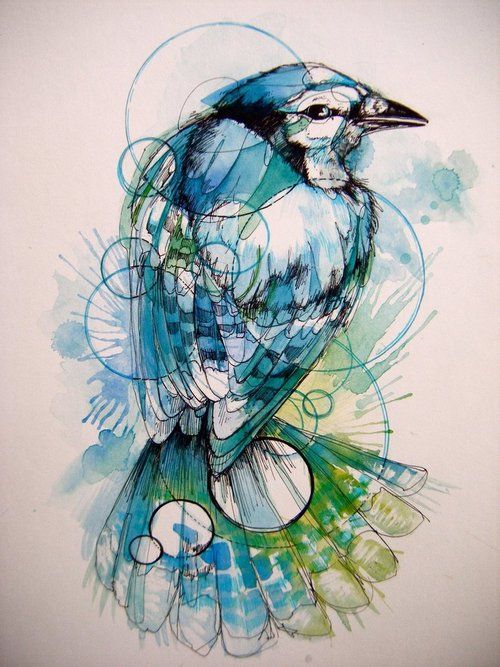Green-and-blue watercolor bird with circle drawings tattoo design