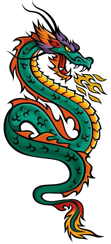 Green-and-orange dragon breathing with fire tattoo design