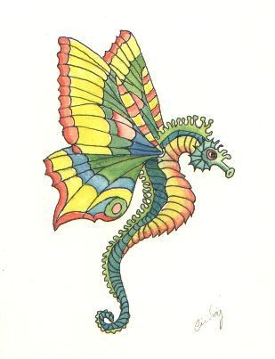 Green-and-yellow seahorse with butterfly wings tattoo design