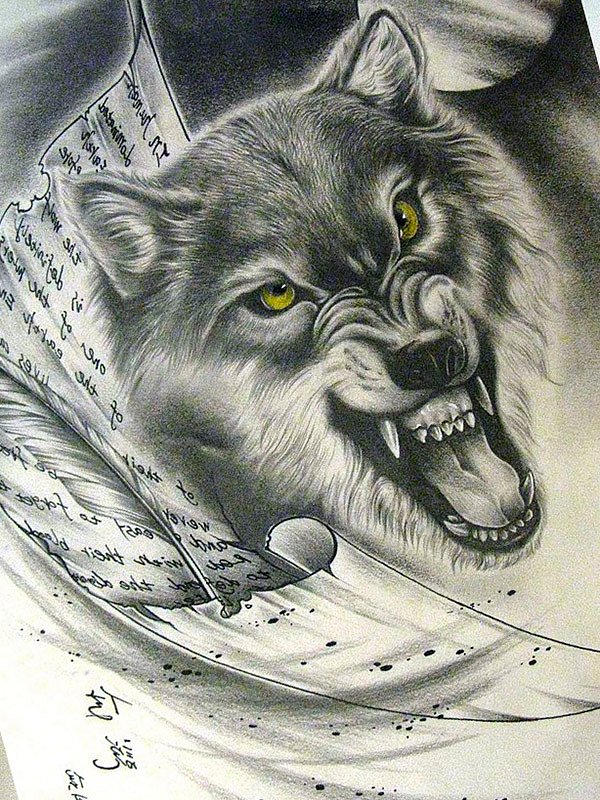 Green-eyed gnarling wolf and note papers tattoo design
