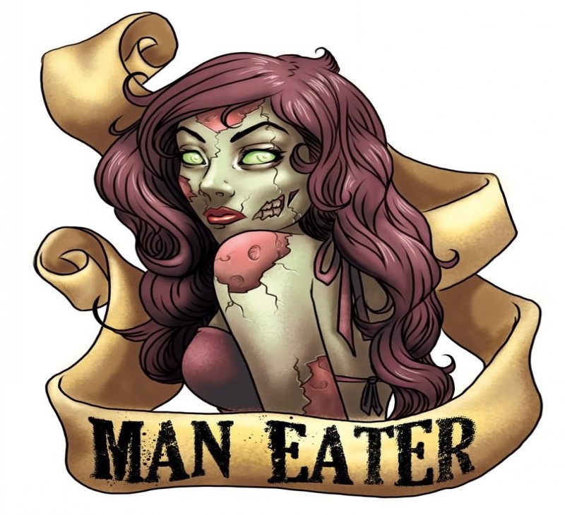 Green-eyed pin up zombie girl with a banner tattoo design by Black Hawk 45 LC
