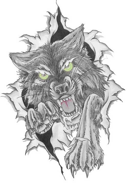 Green-eyed wolf rushing from the paper tattoo design