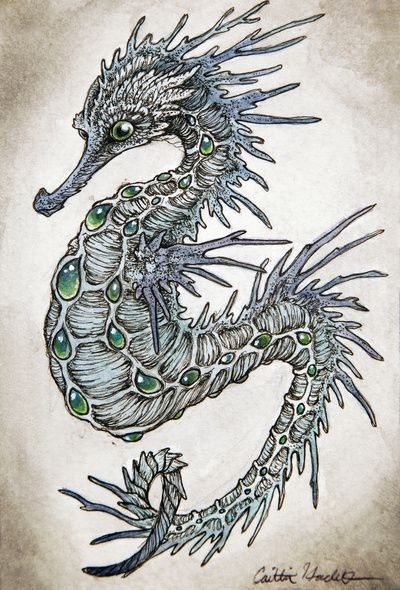 Green-gem decorated horned seahorse tattoo design