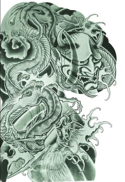 Green-ink demon face and a giant chinese dragon tattoo design