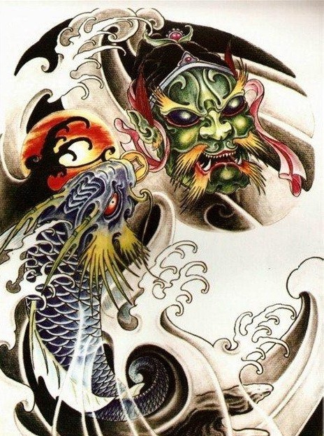 Demónio de pele verde e peixes koi em desenho de tatuagem de estilo japonês