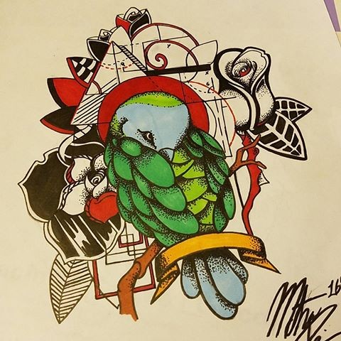 Green animated parrot on red-and-black abstract flowered background tattoo design