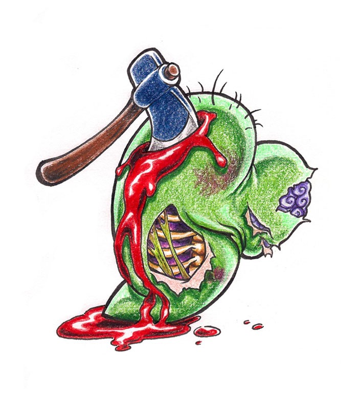 Coração de zumbi de sangue verde morto com um desenho de tatuagem de machado